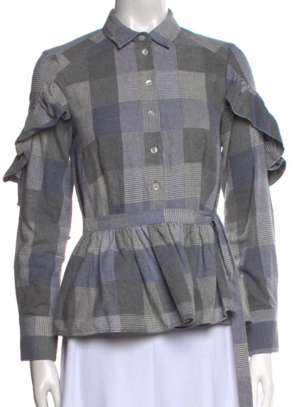 Sea‎ New York Plaid Ruffle Peplum Button-Up Top 100% Cotton Grey XS